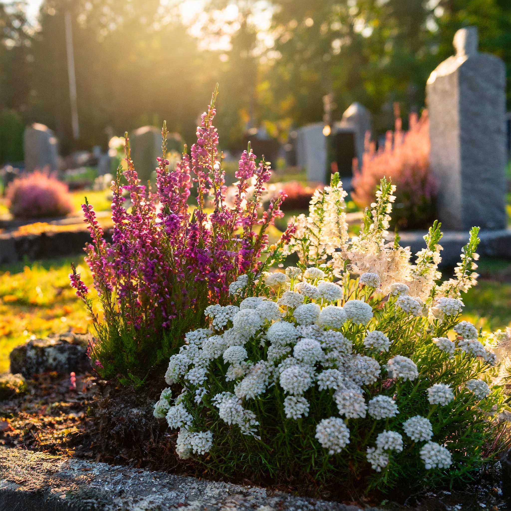 Gravsten och blommor i solbelyst kyrkogårdsmiljö.