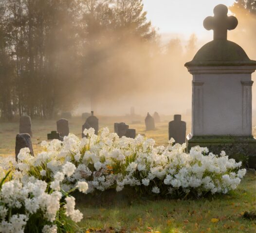 En gravplats med vita blommor och en stor sten med kors omgiven av dimma.
